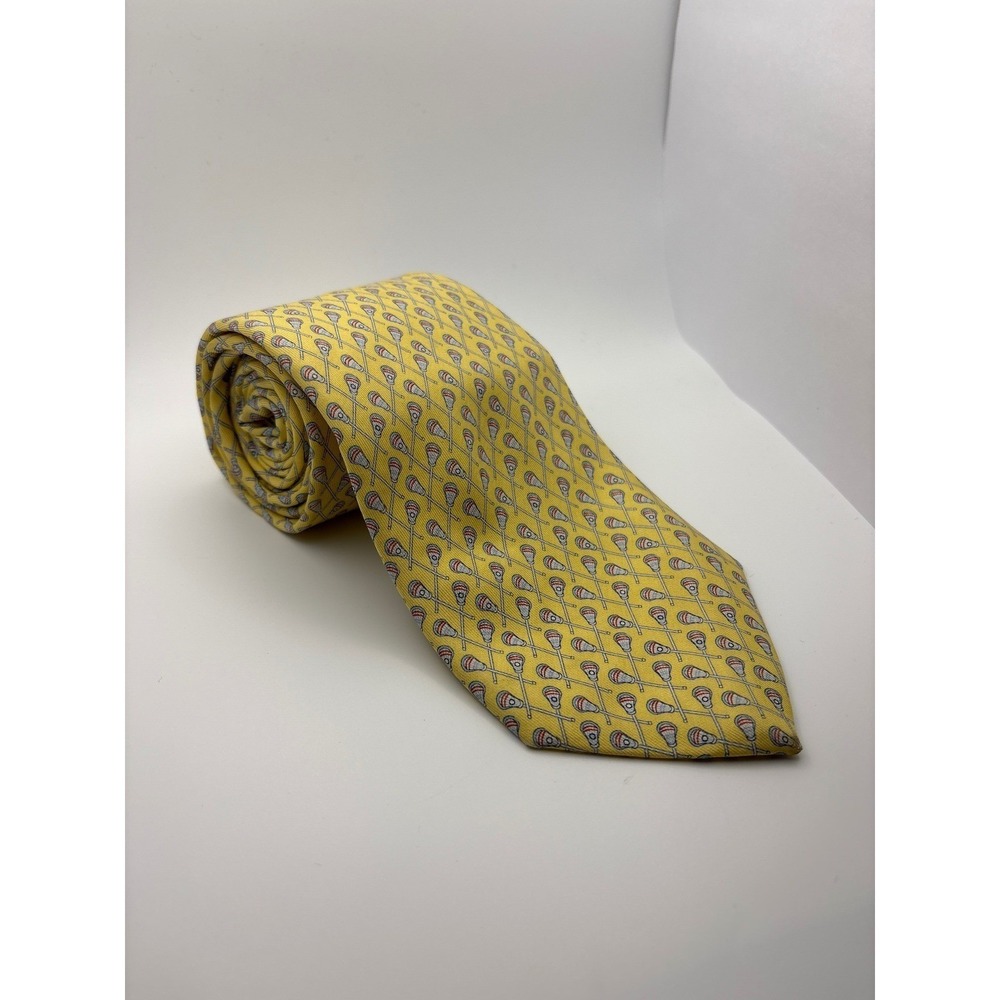 Vineyard Vines Mens Yellow Lacrosse Stick Silk Tie Handmade USA Preppy Sport